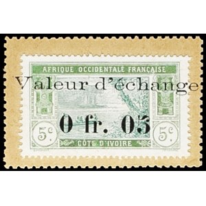 0,05 franku přetisk na 5 centimové poštovní známce - Pobřeží slonoviny ND (1920).