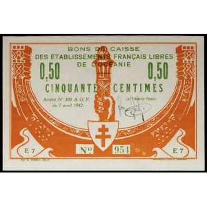 50 centime orange and green coupon - Établissments Français libres de l'Océanie April 7, 1942.