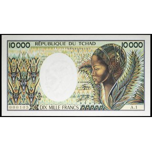 10,000 francs with small ND number (1985).