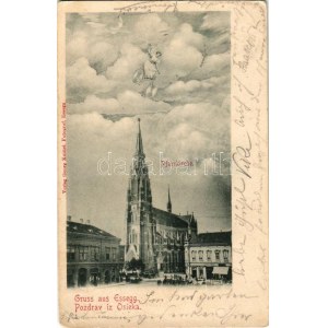 1900 Eszék, Essegg, Osijek; Pfarrkirche / Plébániatemplom, piac, üzletek. Georg Knittel fényképész kiadása...