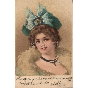 Lady, pearl decorated postcard, litho