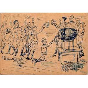 1927 Katonák a boroshordónál. Egyedi kézzel rajzolt képeslap / Soldiers and the wine barrel. Hungarian hand...