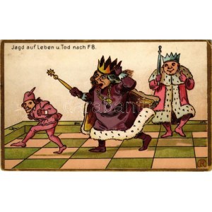 Jagd auf Leben u. Tod nach F8. Verlag Robert Schmidt, Schicks Hofbuchhandlung / Chess art postcard (gyűrődés / crease...