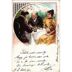 1900 Men playing chess, lady No. 521. litho + ZIMONY - BUDAPEST 18. SZ. vasúti mozgóposta bélyegző (EM...