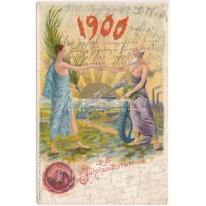 1900 Zur Jahrhundertwende. Lith. P. Oehlert / New Year greeting art postcard with antique gods, steamship, locomotive...