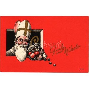 Gruss vom Nikolo / Christmas greeting art postcard with Saint Nicholas s: F. Milan (fl)