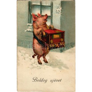 1932 Boldog Újévet! Malac zenedobozzal / New Year greeting art postcard, pig with music box. L&amp;P 2391. litho (EK...