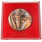 Asszonyi Tamás (1942- ) DN "A győzelemért / KISZ Központi Bizottság" öntött bronz emlékplakett, dísztokban (~112mm) T...