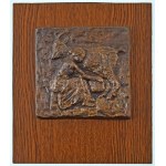 Takács Erzsébet (1928-1999) DN "Fejő asszony" öntött bronz plakett, fa alapzaton (~135x130mm) T:AU / Hungary ND ...