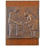 Takács Erzsébet (1928-1999) DN "Krumpliszedés" öntött bronz plakett, fa alapzaton (~160x166mm) T:AU / Hungary ND ...