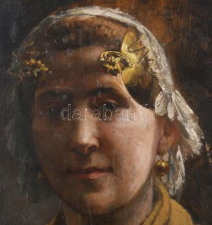 Eugene Bertrand (1858-1934), belga festő/belgian painter: Fiatal lány, 1896. Olaj, fatábla. Jelzett. Dekoratív...