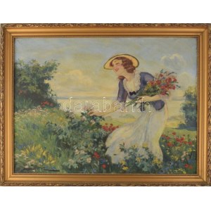 Illencz Lipót (1882-1950): Virágokat szedő lány. Olaj, vászon, jelezve balra lent. Dekoratív fakeretben, 60×80 cm...