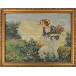 Illencz Lipót (1882-1950): Virágokat szedő lány. Olaj, vászon, jelezve balra lent. Dekoratív fakeretben, 60×80 cm...
