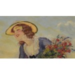 Illencz Lipót (1882-1950): Virágokat szedő lány. Olaj, vászon, jelezve balra lent. Dekoratív fakeretben, 60×80 cm...
