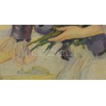 Illencz Lipót (1882-1950): Virágokat szedő lány. Olaj, vászon, jelezve balra lent. Dekoratív fakeretben, 60×80 cm...