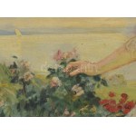 Illencz Lipót (1882-1950): Virágokat szedő lány. Olaj, vászon, jelezve balra lent. Dekoratív fakeretben, 60×80 cm...