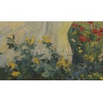 Illencz Lipót (1882-1950): Virágokat szedő lány. Olaj, vászon, jelezve balra lent. Dekoratív fakeretben, 60×80 cm...