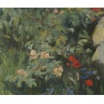 Illencz Lipót (1882-1950): Virágokat szedő lány. Olaj, vászon, jelezve balra lent. Dekoratív fakeretben, 60×80 cm...