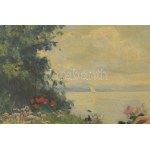 Illencz Lipót (1882-1950): Virágokat szedő lány. Olaj, vászon, jelezve balra lent. Dekoratív fakeretben, 60×80 cm...