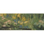 Illencz Lipót (1882-1950): Virágokat szedő lány. Olaj, vászon, jelezve balra lent. Dekoratív fakeretben, 60×80 cm...