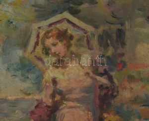 Gergely Imre (1868-1957): Virágok közt. Olaj, vászon. Jelezve balra lent. Dekoratív, kissé sérült fakeretben. 50...