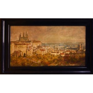 Vlastimil Piha (1920-): Prágai panoráma. Olaj, tempera, karton. Jelezve bal lent (halványan)...