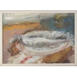 Szikra János (1921-2009): Csendélet halakkal, 1980 körül. Olaj, farost, jelezve balra lent, fakeretben...