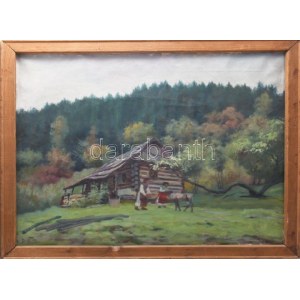 D. Némethy Miklós (1880-?): Erdélyi életkép borjúval. Olaj, vászon. Jelezve balra lent. Laza léckereten...