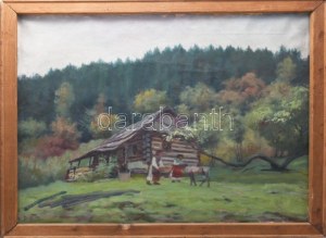 D. Némethy Miklós (1880-?): Erdélyi életkép borjúval. Olaj, vászon. Jelezve balra lent. Laza léckereten...