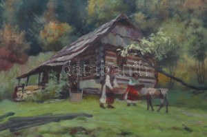 D. Némethy Miklós (1880-?): Erdélyi életkép borjúval. Olaj, vászon. Jelezve balra lent. Laza léckereten...
