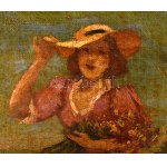 Illencz Lipót (1882-1950): Lány virágokkal. Olaj, vászon, jelezve balra lent. 20×20 cm.