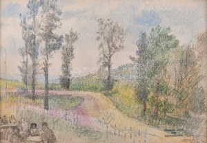 Herman Lipót (1884-1972): Társaság a szabadban. Színes ceruza, ceruza, papír, Herman Lipót hagyatéki pecséttel jelzett...