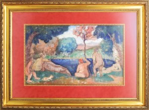 Hermann Lipót (1884-1972): Fürdőzők. Olaj, vászon. Jelezve jobbra lent. Üvegezett, dekoratív fakeretben. 33x54 cm ...