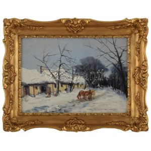 Németh György jelzéssel: Lovasszekér. Olaj, karton, dekoratív fakeretben, 25×35 cm