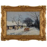 Németh György jelzéssel: Lovasszekér. Olaj, karton, dekoratív fakeretben, 25×35 cm