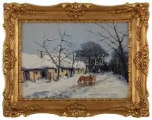 Németh György jelzéssel: Lovasszekér. Olaj, karton, dekoratív fakeretben, 25×35 cm
