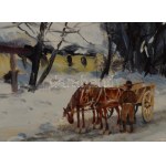 Németh György jelzéssel: Lovasszekér. Olaj, karton, dekoratív fakeretben, 25×35 cm