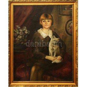 Olvashatatlan jelzéssel: Kislány cicával, 1932. Olaj, vászon, apró sérülésekkel. Dekoratív, kissé sérült fakeretben...