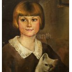 Olvashatatlan jelzéssel: Kislány cicával, 1932. Olaj, vászon, apró sérülésekkel. Dekoratív, kissé sérült fakeretben...