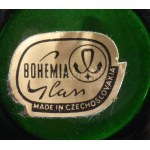 Bohemia vadászmintás zöld üveg italos szett, kiöntő, 6 db nagyobb és 6 db kisebb pohár, egyik poháron jelzett, m: 7...