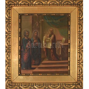 Ikon - Jézus bemutatása a templomban. 19. század, orosz ikonfestő, sérüléssel, aranyozott blondel keretben, 36x29 cm...