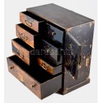 Ékszerszekrény. Antik keleti, buddhista motívumokkal, közötte svastikával díszített. Lakkozott fa, réz. Sérülésekkel ...