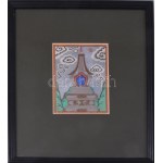 Buddhista sztupa rajza, kínai felhőkontúrokkal, paszpartuban, üvegezett keretben. 10x12 cm ...
