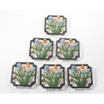 6 darab szecessziós stílusú öntöttvas edényalátét, virág- és bogármintákkal festett, 10,5x10,5 cm...