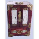 Kínai lakkozott fa ékszeres szekrény, faragott kő berakásokkal, réz veretekkel, 28x19x15 cm