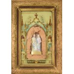 Apácamunka. cca 1900, a Szent Család porcelán szobrával, sérüléssel, 73x52 cm