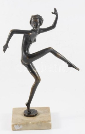 Josef Lorenzl (1892-1950): Art deco táncosnő. Patinázott bronz, márvány talapzaton, jelzés nélkül, m...