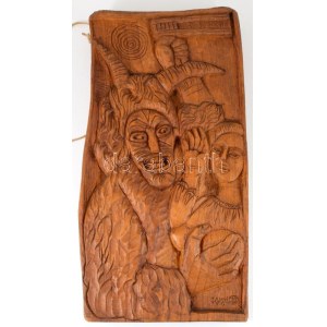 Jálics Gyula (1940-2016): Busójárás. Faragott fa, jelzett, 58x29 cm