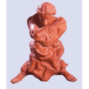 Tóth Valéria (1943- ): Szomorkodó. Terrakotta, jelzett, lábánál ragasztott, m: 28 cm