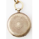1883 Antik ezüst zsebóra. Kulcsos szerkezet, jelzett, tokja belül gravírozott. kulccsal, réz lánccal d...